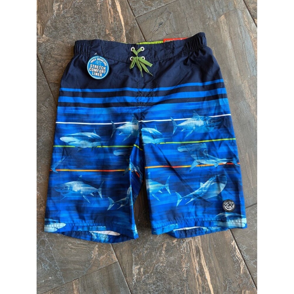 NWT Zeroxposur Boys Blue Shark Board Swim Trunks w/ stretch liner Size XL 18/20